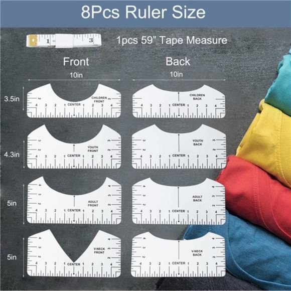 9Pcs Tshirt-Ruler Guide to Center Vinyl, Transparent V-Neck/Round PVC Ruler - Picture 3 of 16